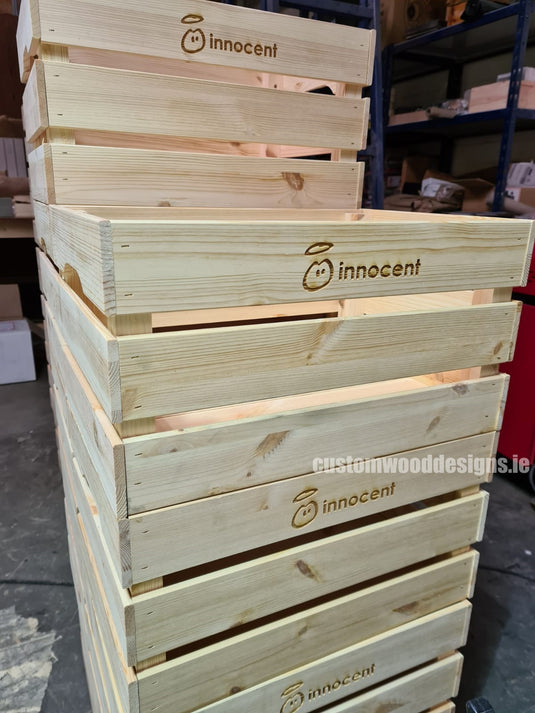 Large Pine Wood Crate 46 X 31 X 25cm pack of 10 Crate pin CustomWoodDesigns.ieInnocentIrelandBrandedwoodencrates_3