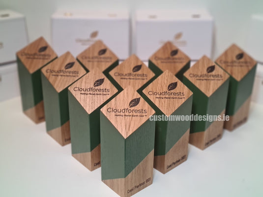 Custom Wood Designs awards featuring handcrafted wooden trophies with a cloudforests Ireland theme, ideal for recognition and achievement.