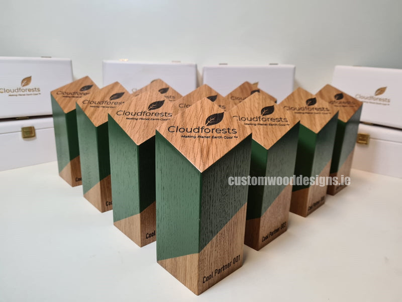 Load image into Gallery viewer, Custom wood awards by Custom Wood Designs featuring cloud forest and Ireland-themed wooden trophies and medals.
