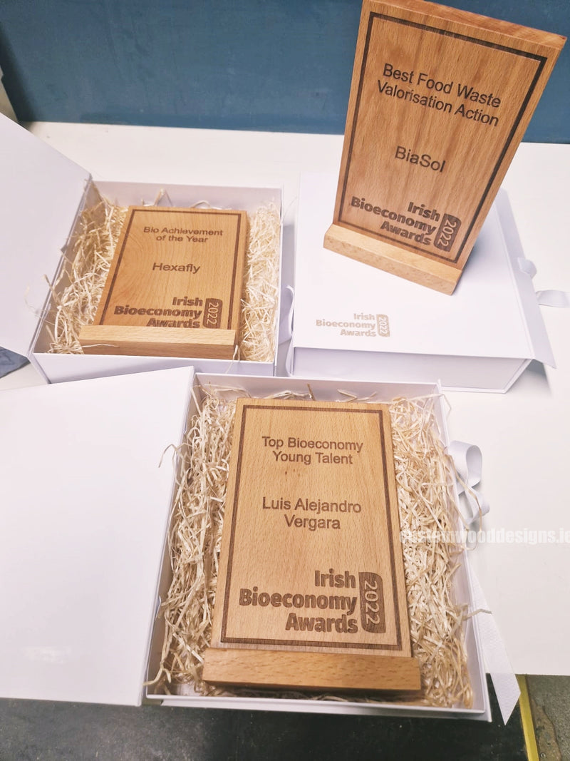 Load image into Gallery viewer, Custom wood award plaque from Custom Wood Designs featuring engraved design, displayed in a bespoke wooden award box.

