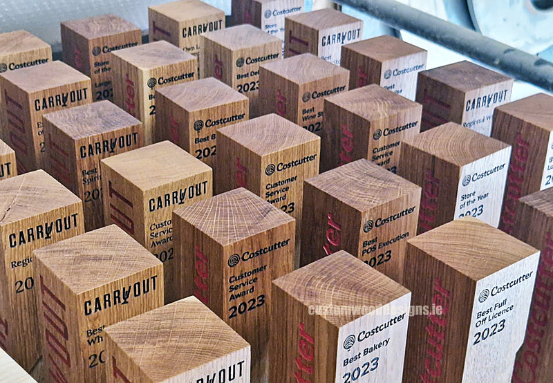 Load image into Gallery viewer, Custom wood awards by Custom Wood Designs, featuring sustainable wooden trophies for corporate and retail recognition in Ireland.

