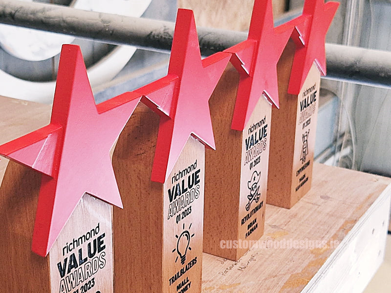 Load image into Gallery viewer, Custom wood awards by Custom Wood Designs featuring laser engraving, sustainable wooden awards for corporate and special recognition.
