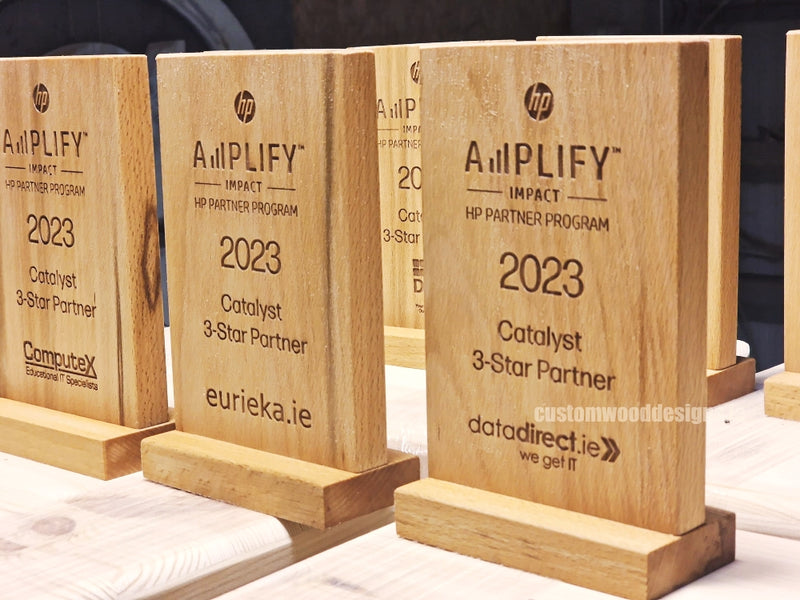 Load image into Gallery viewer, CustomWoodDesigns Ireland laser-etched corporate awards made of sustainable wood, designed for recognition and achievement.
