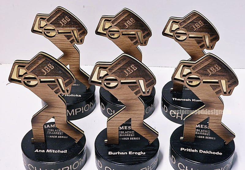 Load image into Gallery viewer, Custom Wooden Awards by Custom Wood Designs featuring black barrel design for Irish distillers, ideal for corporate recognition.
