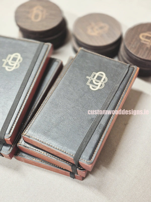 Black leather-style bill presenter with coin holder, set of 10 from Custom Wood Designs, ideal for restaurant and hotel bills.