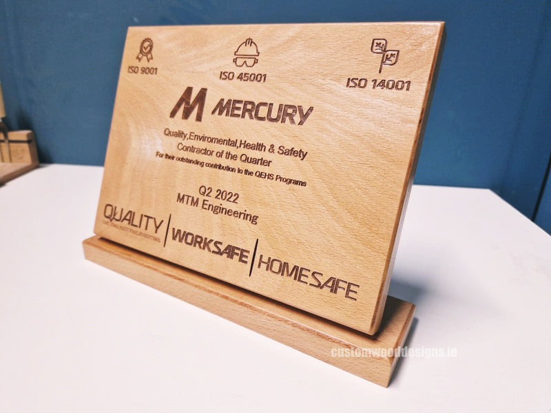 Load image into Gallery viewer, Custom Wood Designs Mercury Engineering Award plaques, engraved wooden trophies for corporate recognition and awards in Ireland.
