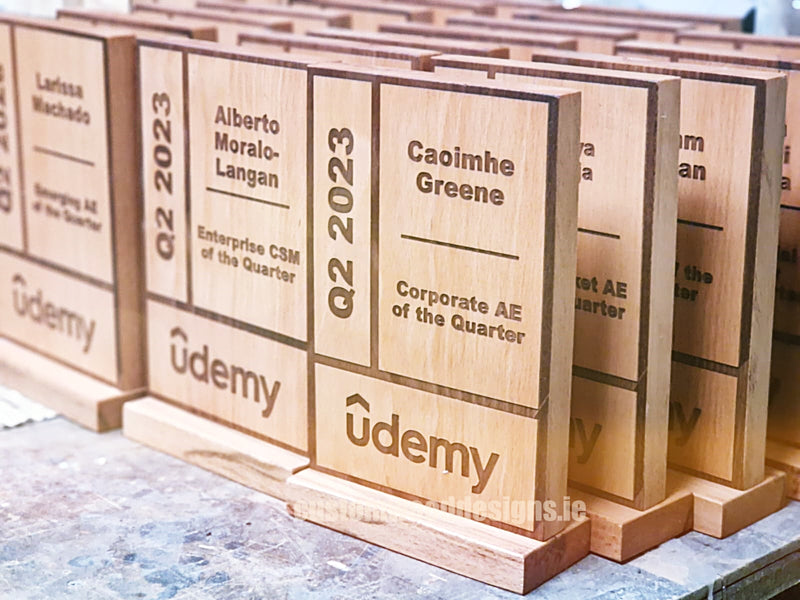 Load image into Gallery viewer, Custom Wood Designs wooden awards featuring personalized plaques and trophies, ideal for corporate and employee recognition.
