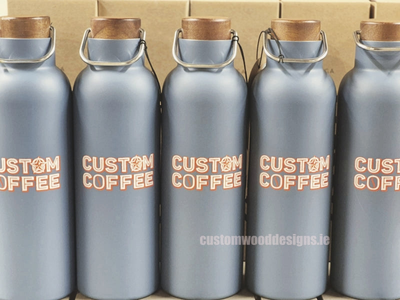 Load image into Gallery viewer, Vinga Ciro RCS recycled 800ml vacuum bottle with custom wood design, eco-friendly drinkware for hot and cold beverages.
