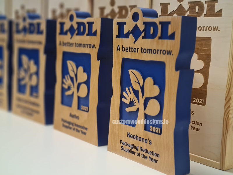 Load image into Gallery viewer, Custom wood award plaques from Custom Wood Designs, featuring engraved trophies and awards for recognition and achievement.
