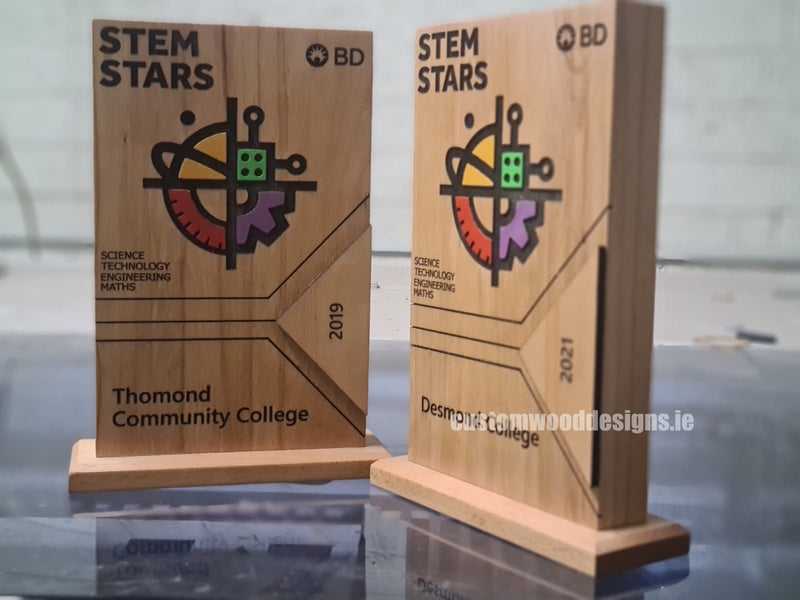 Load image into Gallery viewer, Laser-engraved wooden award plaque with carved company logo, custom design by Custom Wood Designs, for trophies and awards.
