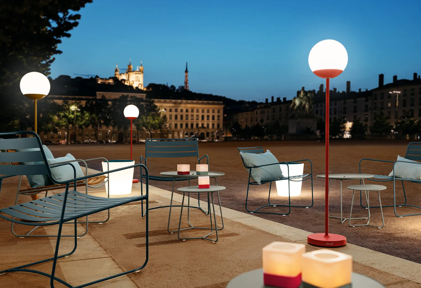 Set of three Fermob CUUB tealight holders, 8 cm tall, designed for outdoor lights, featuring modern, colorful glass accents.