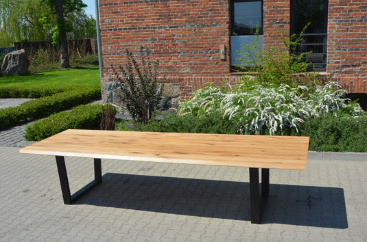 Rustic Solid Oak Live Edge Dining Table – Black Steel U-Frame
