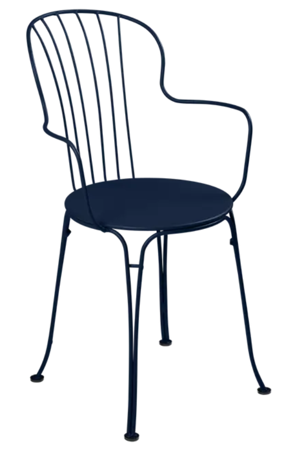 Load image into Gallery viewer, Deep blue Fermob OPÉRA+ outdoor metal armchair with sleek design and curved armrests, ideal for outdoor seating.
