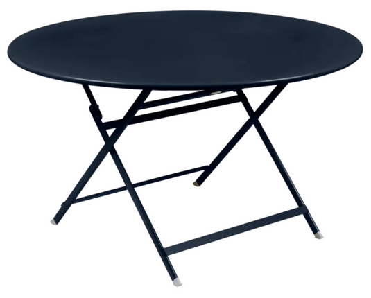 Fermob deep blue foldable metal table with 128 cm diameter, eight-seater, suitable for indoor or outdoor use.