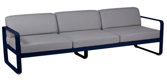 Fermob Bellevie 3-seater outdoor sofa with deep blue and grey fabric, metal frame, stylish outdoor furniture for patio or garden.