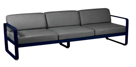 Bellevie 3-seater outdoor sofa by Fermob with deep blue and graphite grey metal frame, perfect for garden or patio seating.