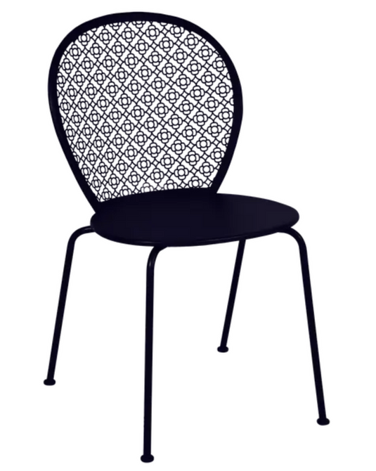 Deep blue Fermob Lorette metal outdoor chair with curved back and armrests, stylishly designed for outdoor patio or garden use.