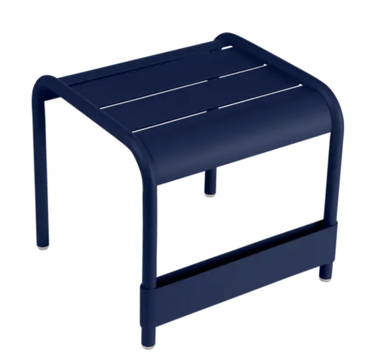 Fermob Luxembourg small low table footrest in deep blue, measuring 44x42 cm, suitable as a table or footrest for indoor or outdoor use.