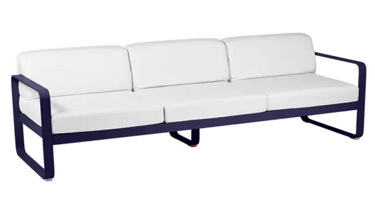 Deep blue and off-white Fermob Bellevie 3-seater outdoor sofa with metal frame, stylish and comfortable outdoor furniture.