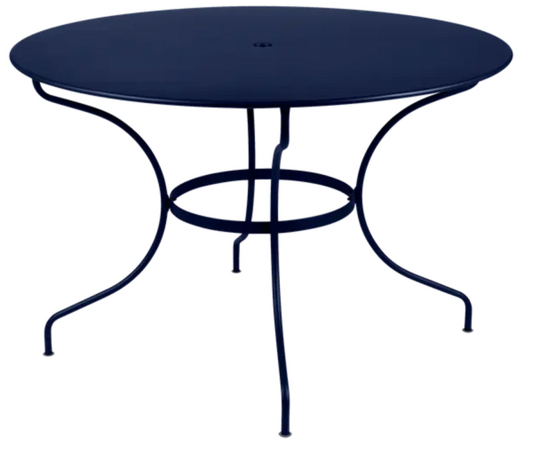 Load image into Gallery viewer, Deep blue Fermob OPÉRA+ outdoor metal table with 117 cm diameter, six-seater, suitable for garden or patio seating.
