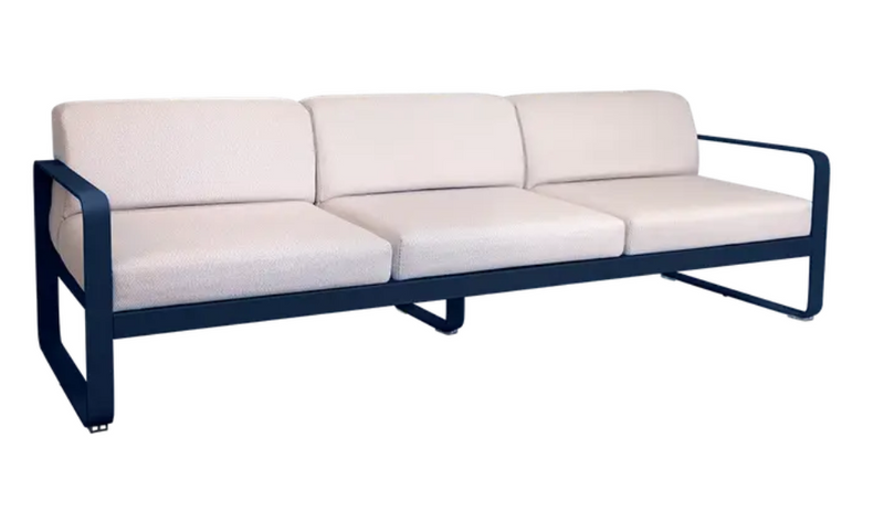 Load image into Gallery viewer, Deep blue Fermob Bellevie 3-seater outdoor sofa with metal frame, ideal for garden or patio seating.
