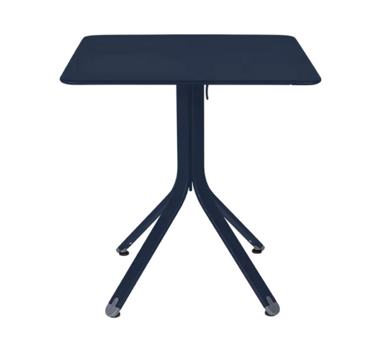 Deep blue Fermob Rest'O folding outdoor table with 71x71cm metal surface, ideal for outdoor dining and patio use.