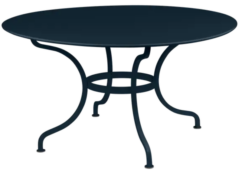 Load image into Gallery viewer, Deep blue Fermob Romane round table with Ø137cm, designed for up to 8 guests, shown with a smooth tabletop and sturdy legs.
