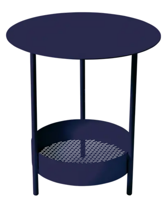 Deep blue Fermob Salsa pedestal side table for outdoor furniture, showcasing its sleek round design and sturdy base.