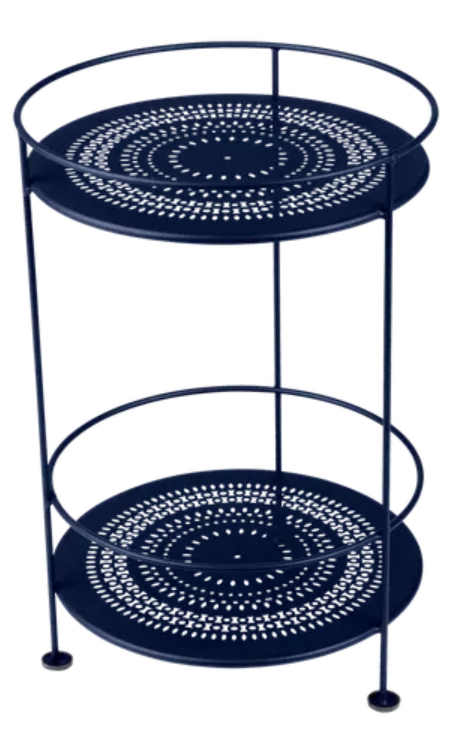 Load image into Gallery viewer, Deep blue Fermob Guinguette side table with perforated double top, modern metal design, suitable for outdoor or indoor use.
