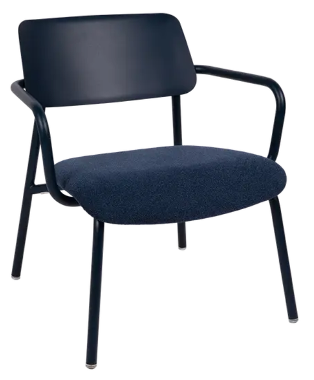 Load image into Gallery viewer, Deep blue Fermob Studie Fabric Lounge Armchair with metal frame, designed for office or home use, showcasing comfortable seating and modern style.
