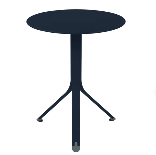 Deep blue Fermob Rest'O Round folding outdoor table, 60cm diameter, metal bistro table for outdoor use.