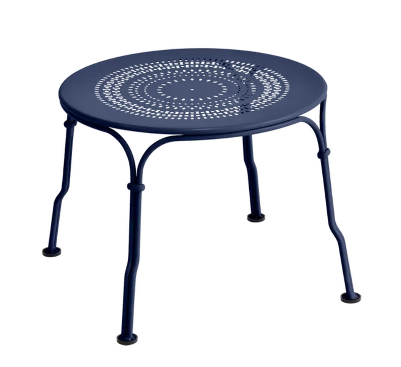 Load image into Gallery viewer, Deep blue Fermob 1900 low table with 45 cm diameter, featuring a sleek metal design for modern outdoor or indoor use.
