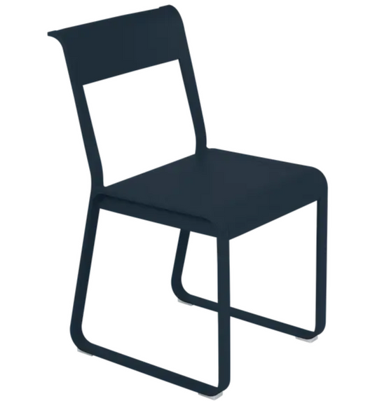 Deep blue Fermob Bellevie Chair V2, a stylish outdoor metal chair with a sleek design and comfortable seating.