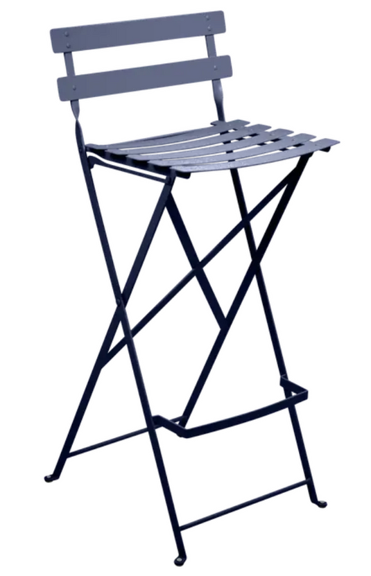 Deep blue Fermob Bistro High Stool, a foldable outdoor bar stool with a sleek, modern design and sturdy metal construction.