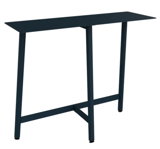 Deep blue Fermob Bolder Counter bar table with metal surface, ideal for restaurant or garden outdoor settings.
