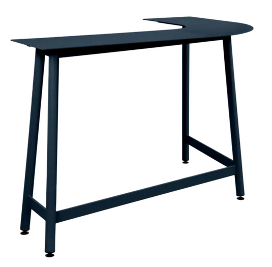 Deep blue Fermob Bolder Corner Counter bar stool, outdoor garden furniture with foxed metal finish, two-seater design.