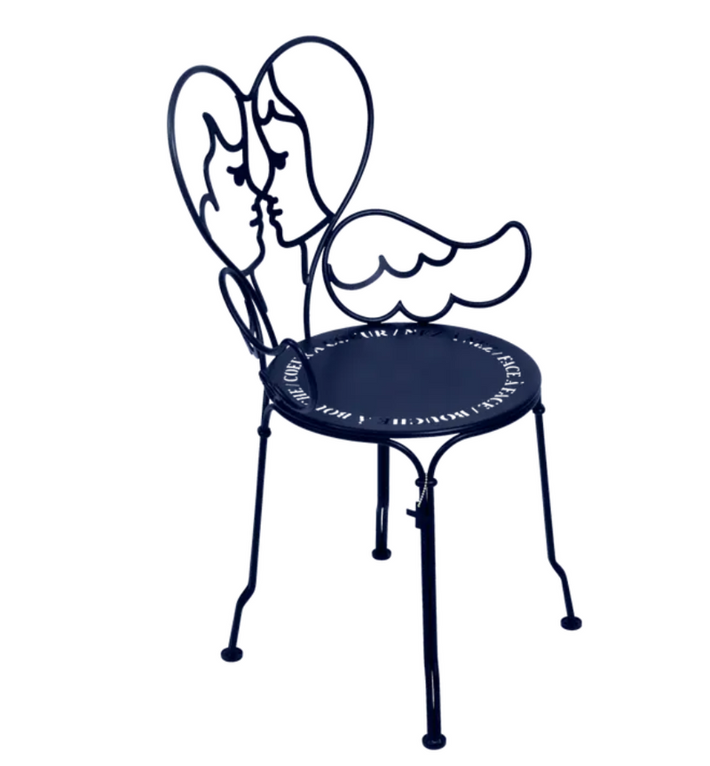 Load image into Gallery viewer, Deep blue Fermob ANGE metal outdoor chair with a sleek, modern design, perfect for patio or garden seating.
