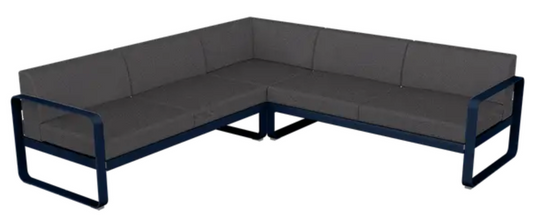 Fermob Bellevie Composition 2 outdoor lounge sofa set with deep blue, graphite grey cushions, modern modular design.