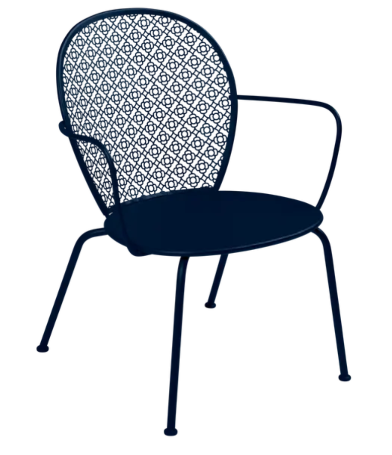 Load image into Gallery viewer, Deep blue Fermob Lorette low armchair with a metal frame, designed for outdoor use, featuring a stylish and modern seating option.
