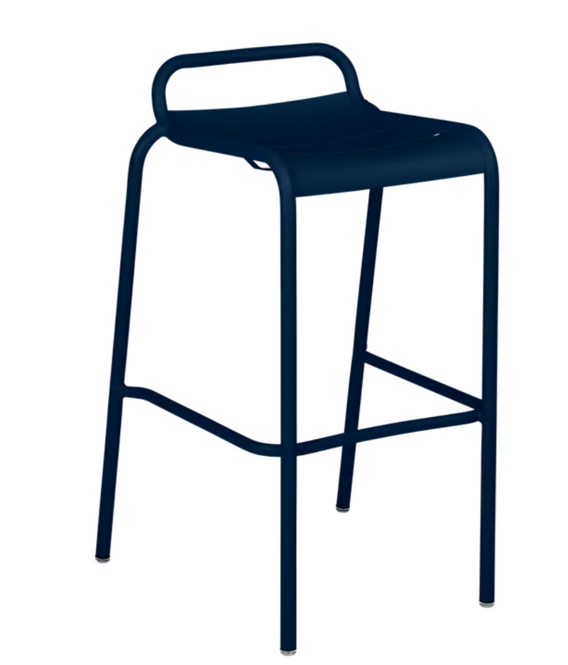 Load image into Gallery viewer, Deep blue Fermob Luxembourg bar stool for outdoor dining, suitable for restaurant or home use, featuring a sleek, modern design.
