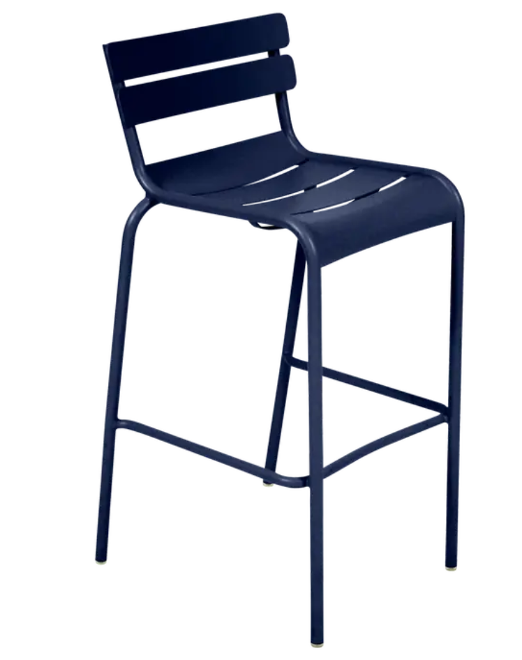 Load image into Gallery viewer, Deep blue Fermob Luxembourg bar armchair with metal frame, showcasing a stylish and comfortable pub-style seating option.
