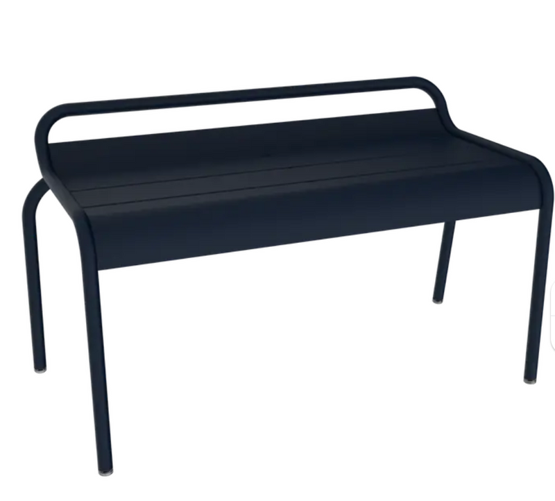 Load image into Gallery viewer, Deep blue Fermob Luxembourg stackable outdoor bench, 90 cm long, metal design, shown from the hall side.
