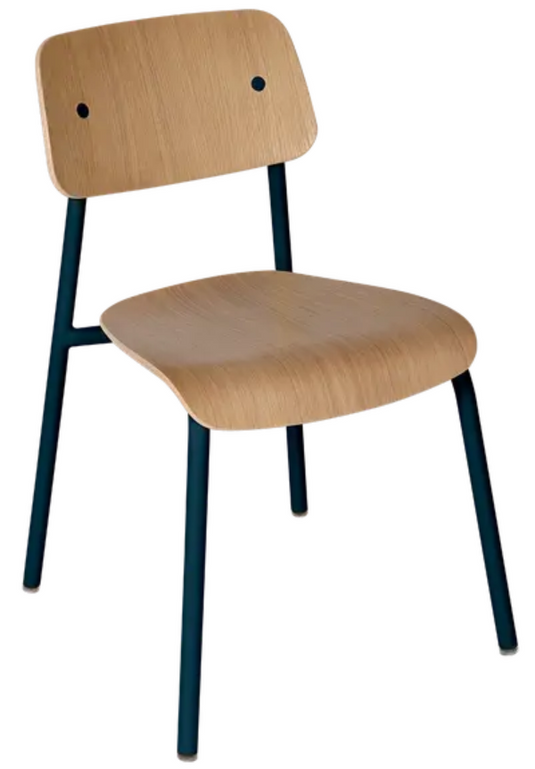 Deep blue Fermob Studie Oak Chair with wooden legs, designed for office, restaurant, or home use, showcasing contemporary style.