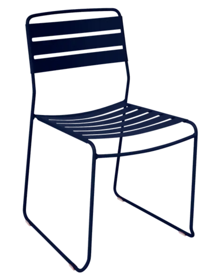 Deep blue Fermob Surprising outdoor chair with a modern design, suitable for patio or restaurant outdoor seating.