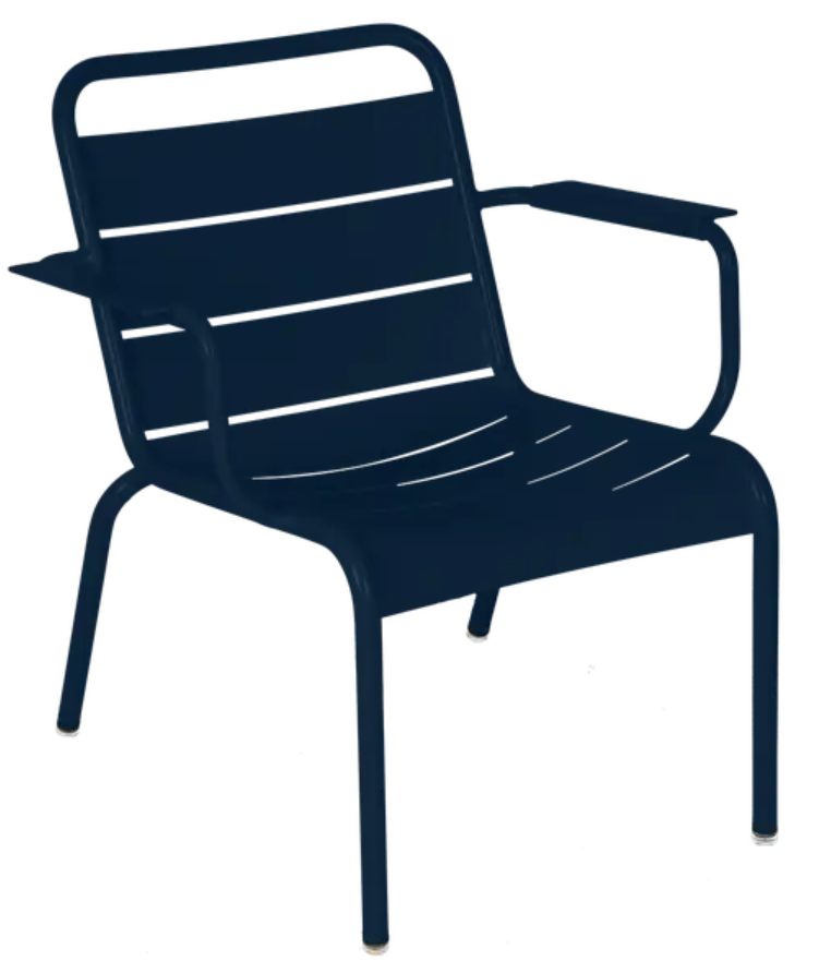 Load image into Gallery viewer, Deep blue and white Fermob Luxembourg garden armchair lounge with a stylish, comfortable outdoor seating design.
