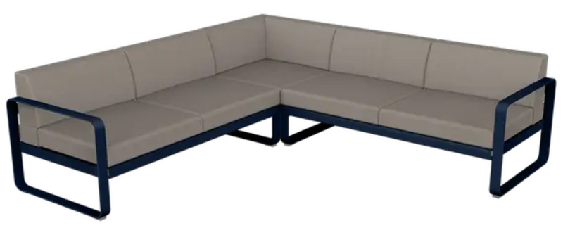 Load image into Gallery viewer, Fermob Bellevie Composition 2 outdoor modular sofa set with deep blue, grey, and taupe cushions arranged for outdoor lounging.
