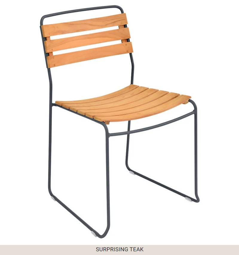 Load image into Gallery viewer, Deep grey Fermob Surprising Teak Chair, a stylish outdoor metal chair with a modern design and white accents.
