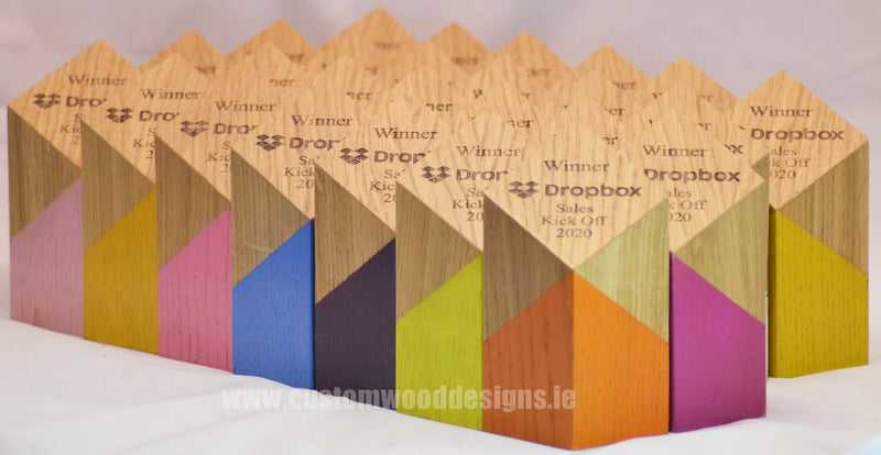 Load image into Gallery viewer, Custom Wood Designs wooden award block with engraved text, handcrafted award trophy on a white background.
