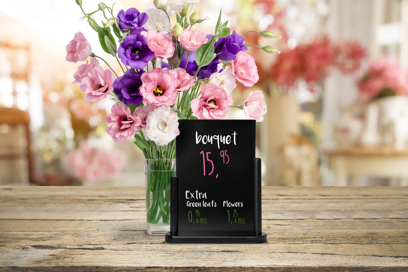 Load image into Gallery viewer, Securit Table Chalkboard Set - Elegant A5 Black (Pack of 6) - Boards + 3 Extra Inserts + White Markers - in use
