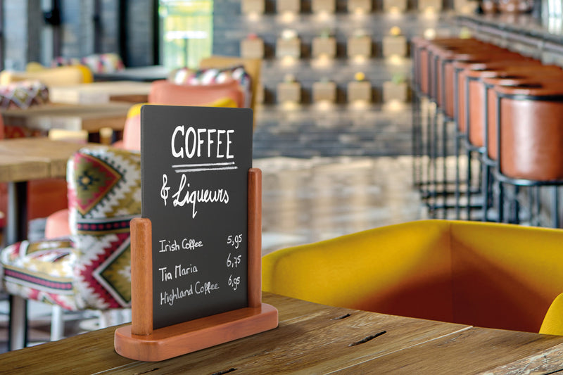 Load image into Gallery viewer, Securit Table Chalkboard Set - Elegant A5 Mahogany (Pack of 6) - Boards + 3 Extra Inserts + White Markers - in use
